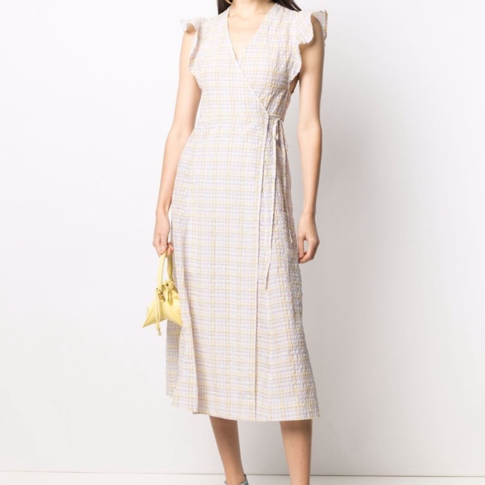 GANNI Ruffle Sleeveless Seersucker Dress NWT - Picture 2 of 6